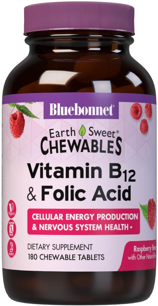 Bluebonnet Nutrition Earth Sweet Vitamin B12 1000 mcg & Folsyre 400mcg Brain Health & Energy * Vitaminer for kvinder & mænd - Vegan, Gluten- Free Raspberry B 12 Vitamin - 180 tyggetabletter