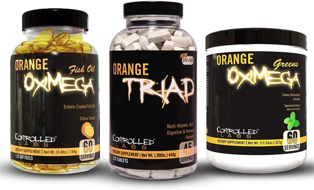 CONTROLLED LABS Bundle indeholder 45 Serveringer af Orang Triad, Orange Oximega Green Spearmint, og 120 Ct Orange Oximega Fish Oil Softels