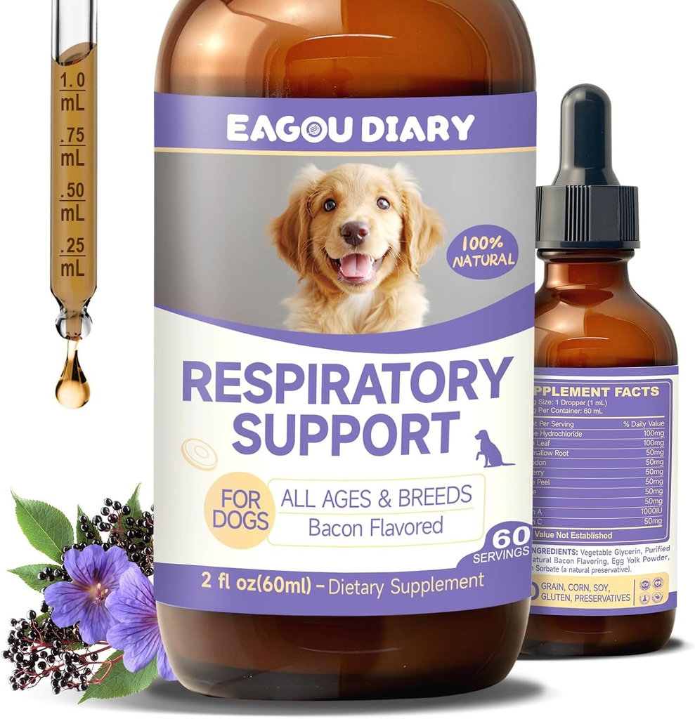 EagouDiary Hundehoste Behandling, Flydende Kennel Hoste Behandling med Lysin, Mullein, Vitaminer, Naturligt supplement til Canine Luftveje, Nysen, Tør, Wet & Barky Relief (60ml / 2 Fl Oz)