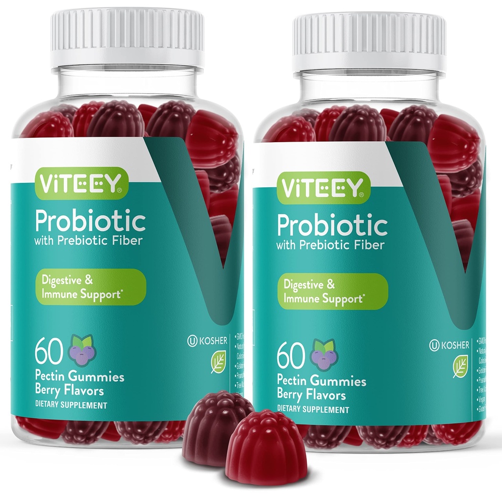 VITEEY Probiotiske Gummier med Prebiotika - Gut Health Kosttilskud til fordøjelse - 2 milliarder CFU 'er - Vegan, Gluten- Free - 120 Greve