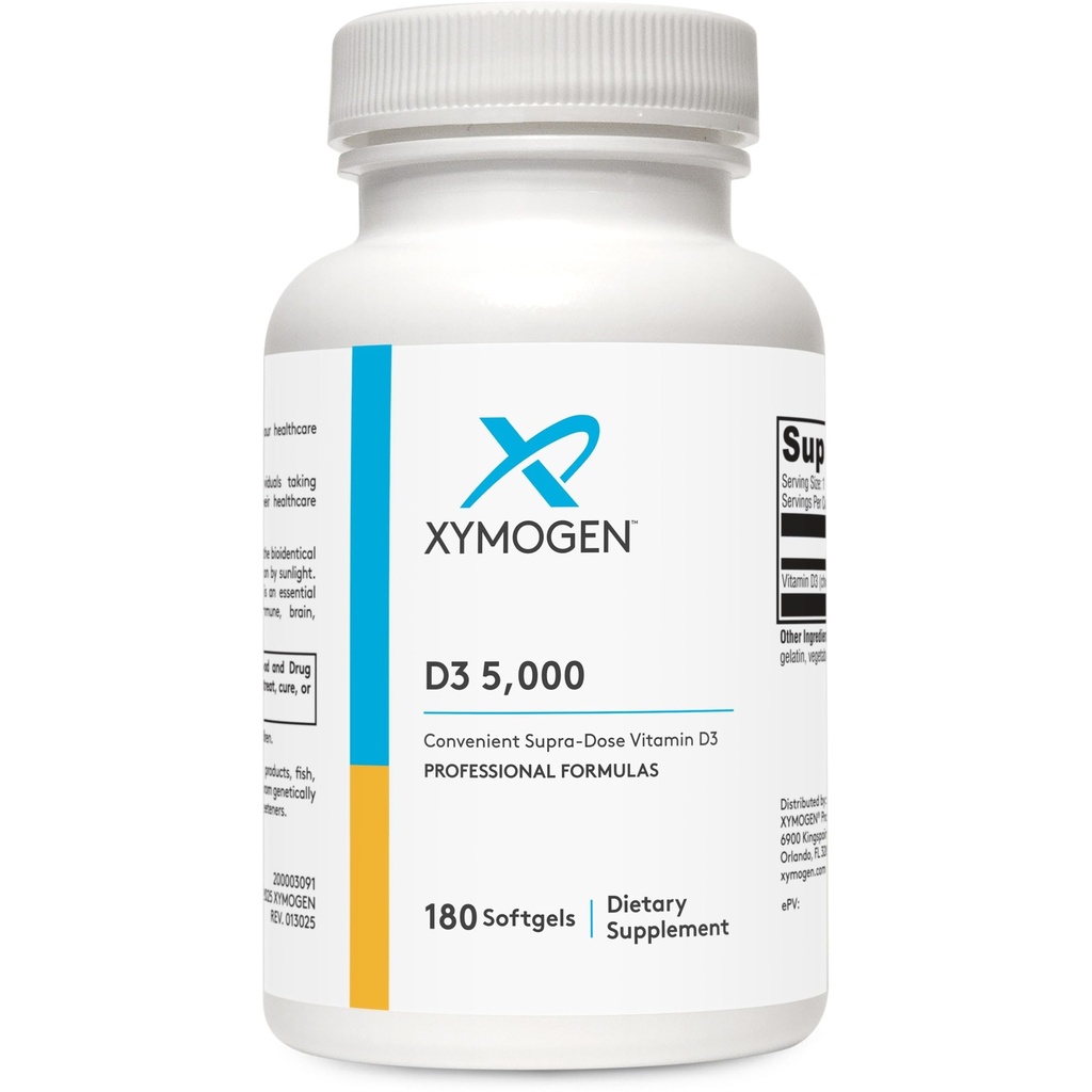 XYMOGEN D3 5000 - Biotilgængelig vitamin D3 5000 IE (125 mcg) - højpotens vitamin D supplement til støtte immunforsvar, ben + hjerte sundhed (180 Softgels)