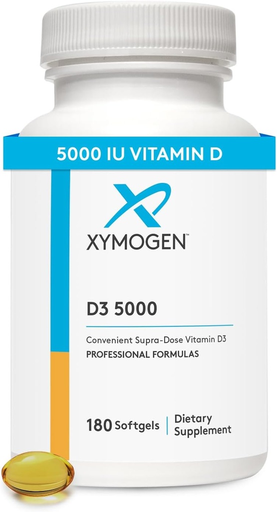 XYMOGEN D3 5000 - Biotilgængelig vitamin D3 5000 IE (125 mcg) - højpotens vitamin D supplement til støtte immunforsvar, ben + hjerte sundhed (180 Softgels)