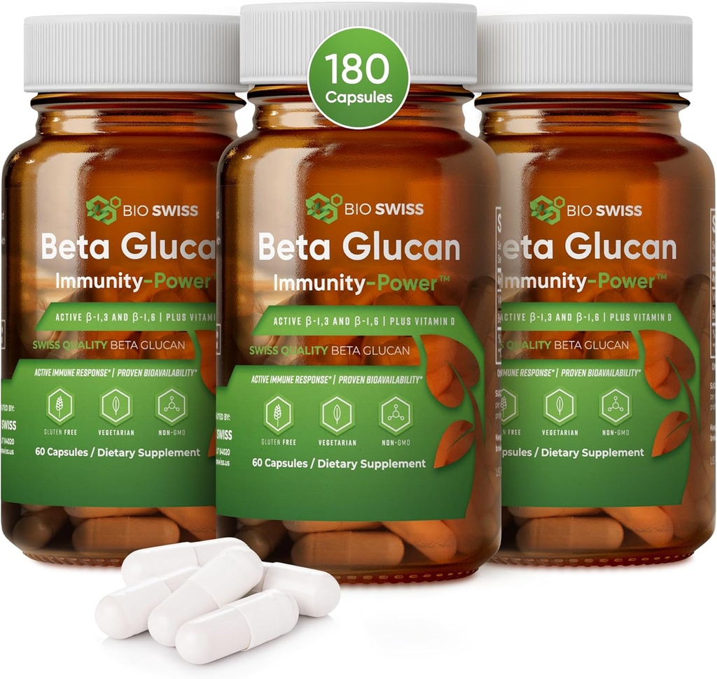 Bio Swiss Beta glucan Immunity Power - 1,3D- 1,6D glucan med D-vitamin - immunsupport supplement til forbedret forsvar og wellness - Vegan, Gluten- Free (180 kapsler)