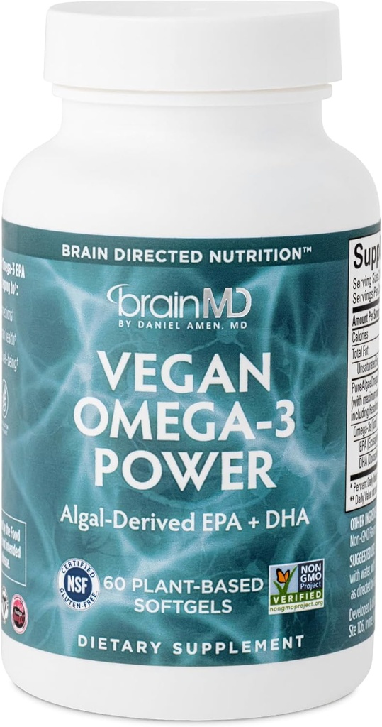 BRAINMD Dr. Amen Vegan Omega-3 Power - 60 Plant- baserede bløddele - 1.100 mg EPA & DHA - understøtter fokus, hukommelse og hjerte sundhed - Vegan, Gluten Free & Non- GMO - 30 Serveringer