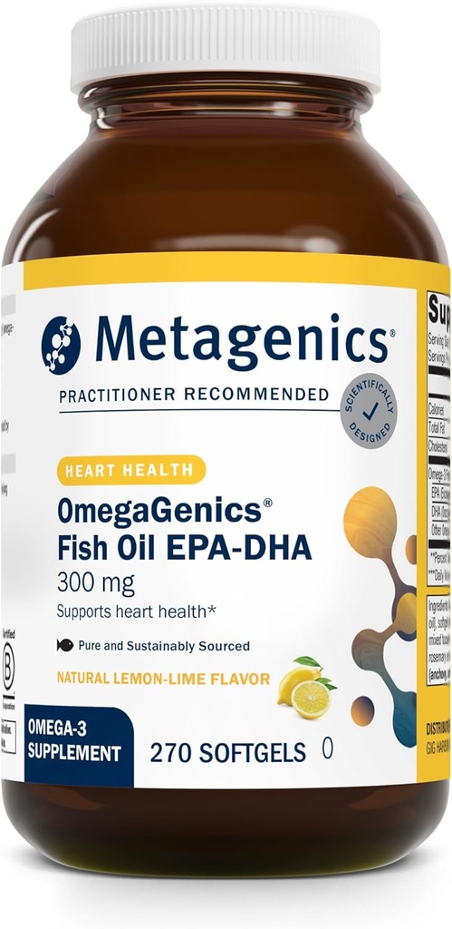 Metagenics OmegaGenics Fish Oil EPA- DHA 300- 180 mg EPA & 120 mg DHA per Softgel - Understøtter hjerte, hjerne, øje, fælles & immunforsvar * - Non- GMO, Gluten- Free - GMP Certificeret facilitet - 270 Softgels