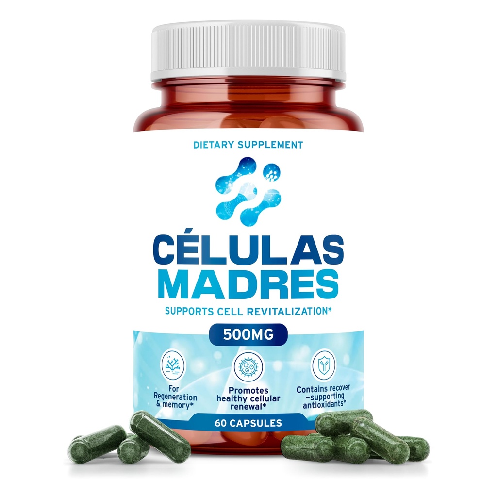 Stem Cell Kosttilskud 500mg (60 Cap) Natural Anti- Aging & Longevity Support med Spirulina & Chlorella, Boost Cellular Fornyelse, Gendanne ungdommelig energi, Reducere fælles ømhed - Celulas Madre