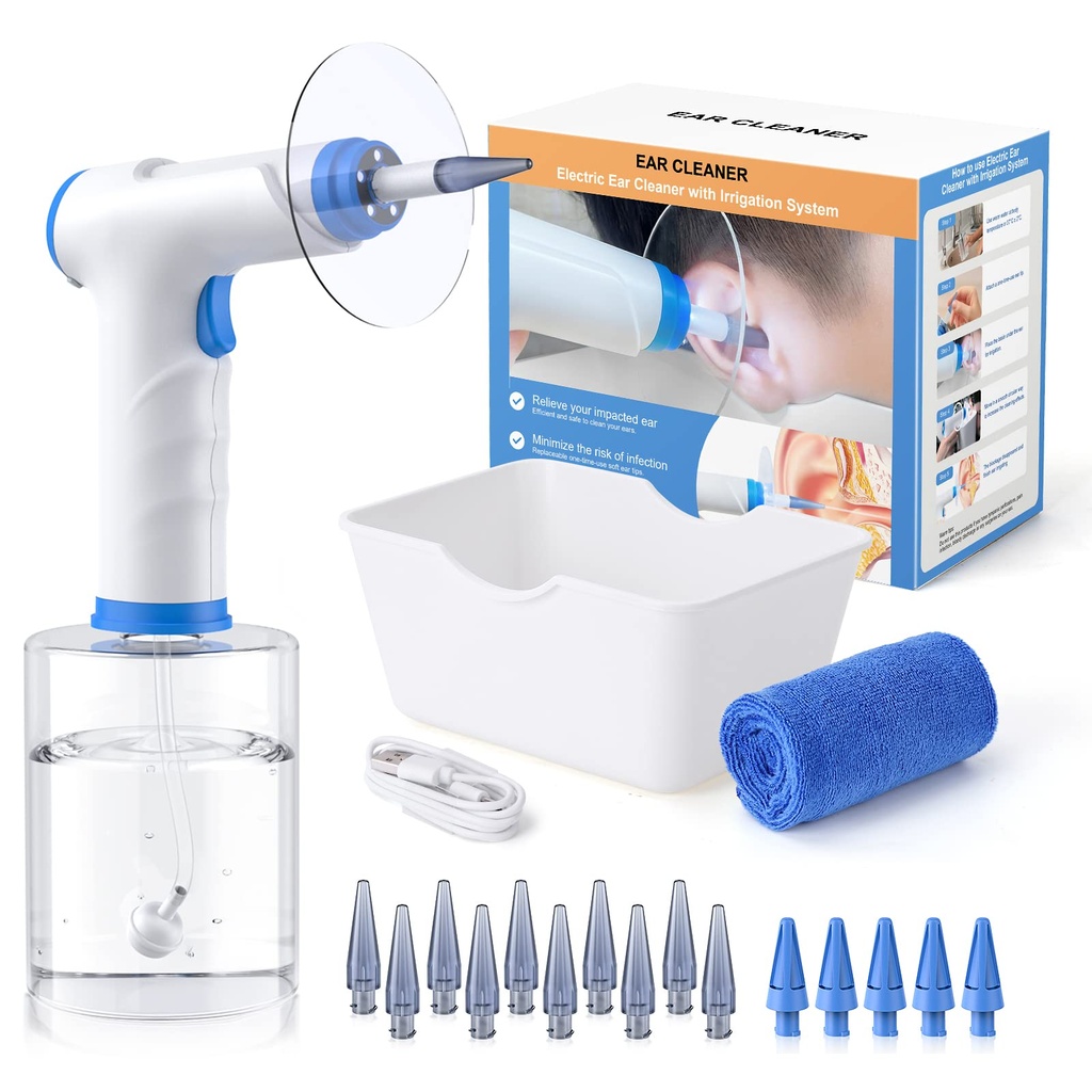 Ear Wax Removal, Electric Ear Rengøring Kit med lys, FSA-HSA-Egnet, Ear Vanding Kit med 4 trykmåder, Sikker og effektiv Ear Flush Kit med Ear Cleaner - Inkluderer Basin, Håndklæde & 15 Tips
