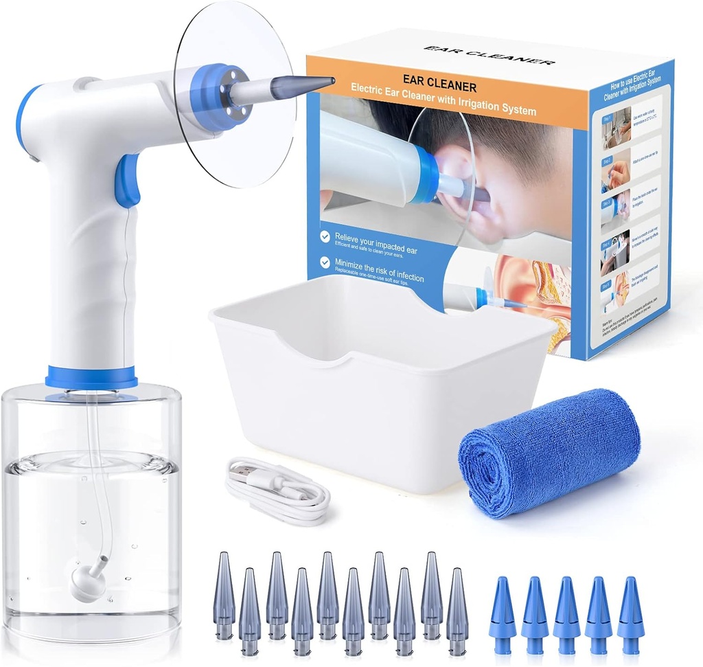 Ear Wax Removal, Electric Ear Rengøring Kit med lys, FSA-HSA-Egnet, Ear Vanding Kit med 4 trykmåder, Sikker og effektiv Ear Flush Kit med Ear Cleaner - Inkluderer Basin, Håndklæde & 15 Tips