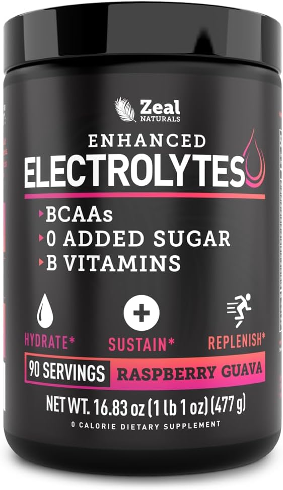 Zeal Naturals Electrolyte Powder Recovery Drink (90 Servings ttesmå 124; Raspberry Guava) w 0 Sukker + BCAAs + B-Vitaminer Electrolyte Supplement w Kalium Zink & Magnesium for Hydration - Keto Electrolytes