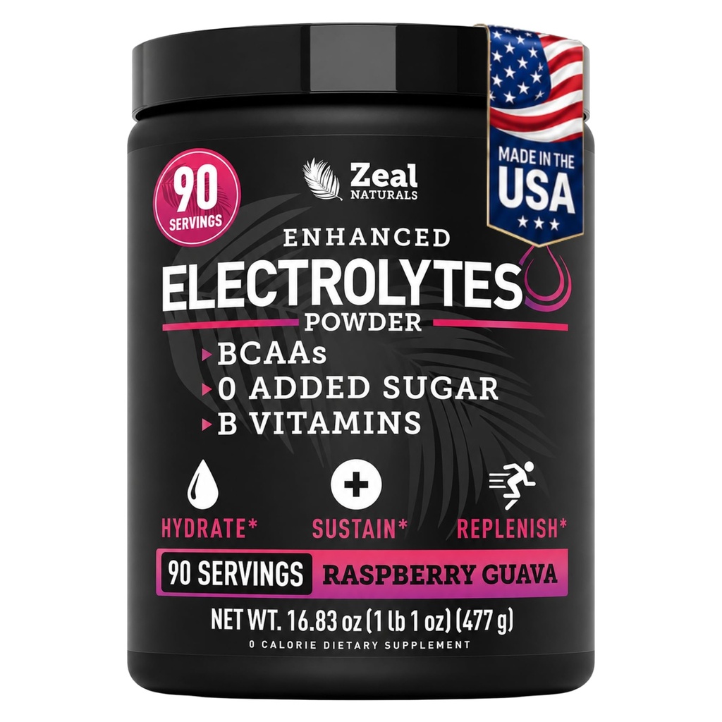 Zeal Naturals Electrolyte Powder Recovery Drink (90 Servings ttesmå 124; Raspberry Guava) w 0 Sukker + BCAAs + B-Vitaminer Electrolyte Supplement w Kalium Zink & Magnesium for Hydration - Keto Electrolytes