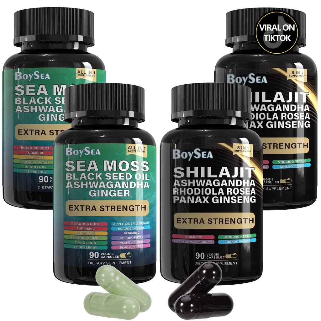 Boysea. Shilajit og Sea Moss Bundle- 90 Greve - Sea Moss, Black Seed Oil, Ashwagandha, Ginger & Shilajit, Rhodiola Rosea, Alle i 1 tillæg (2 Pc)