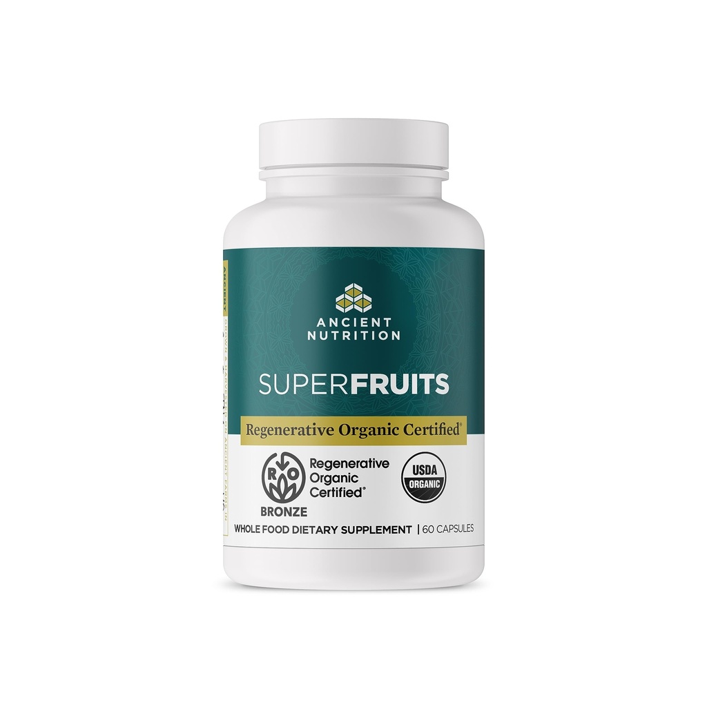 Ancient Nutrition Regenerative Organic Certified SuperFruits Capsules, Understøtter Gut og immunsystem Sundhed, Lavet med Probiotika, Dragonfrugt, Mulberry, og Goji, 60 Greve