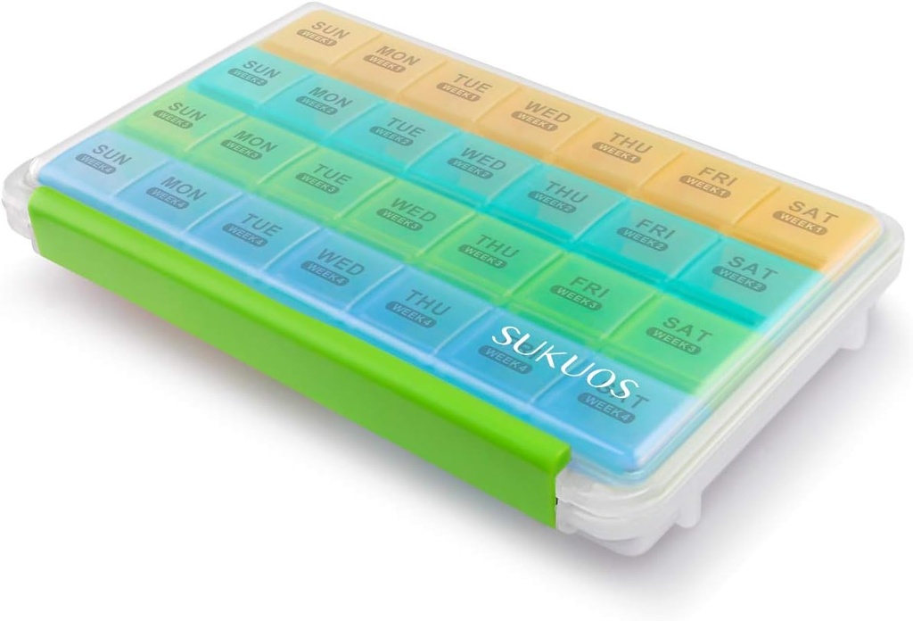 Sukuos Monthly Pill Organizer 28 Dag let at åbne, Stor Fugt-Resistent Pill Box Sager med Dust- Proof Box og Clear Lid for Vitamin / Fish Oil / Kosttilskud