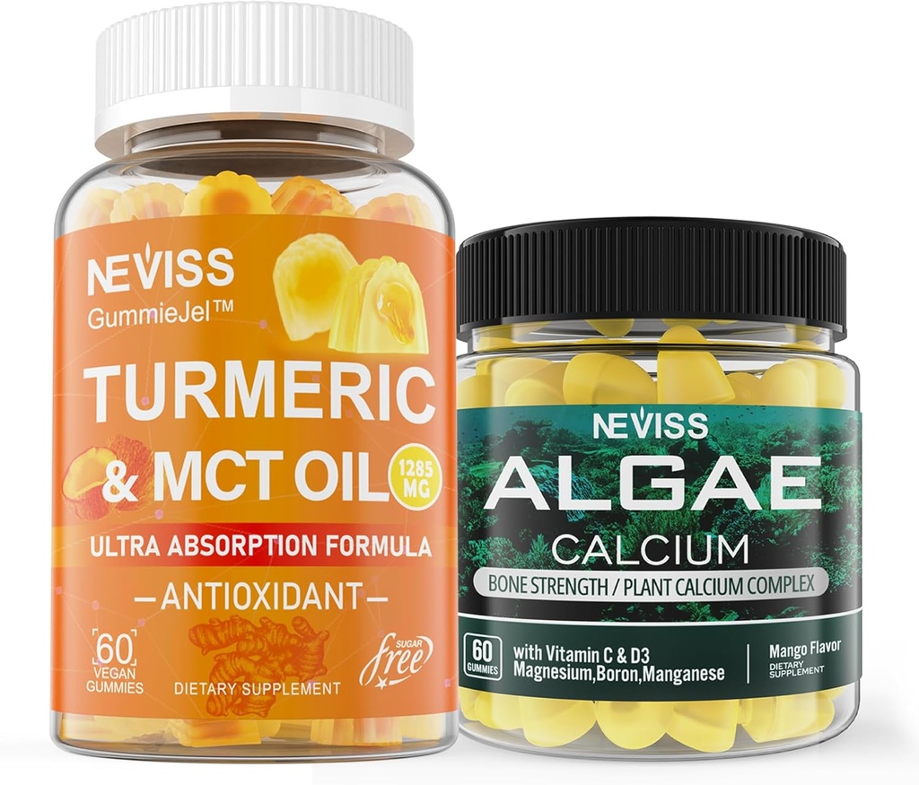 NEVISS Sugar Free Gurkemeje Curcumin Gummies + Marine Algae Calcium Supplement 600mg, High Absorption, Vegan