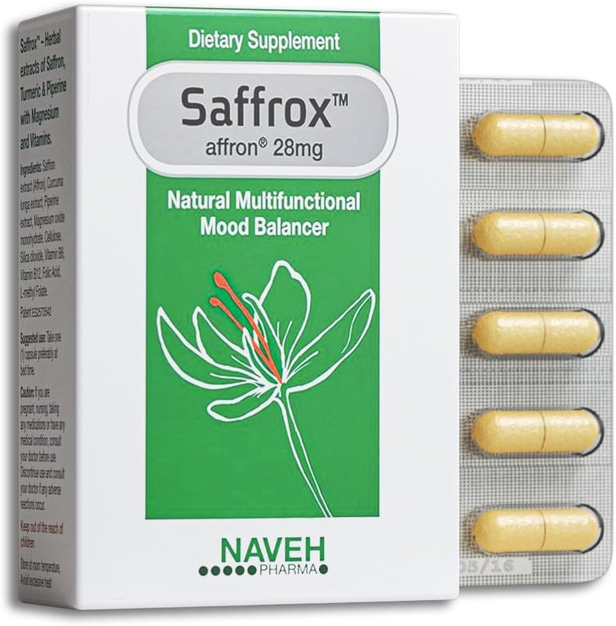 NAVEH PHARMA Saffrox - Mood Support Saffron Supplement. 28mg Saffron Extract. Forbedre velvære, Boost Energy. Naturlig og sikker, Ikke-GMO, Kemisk-fri, Vegansk Friendly. 1 Måned Supply (30 Caps)