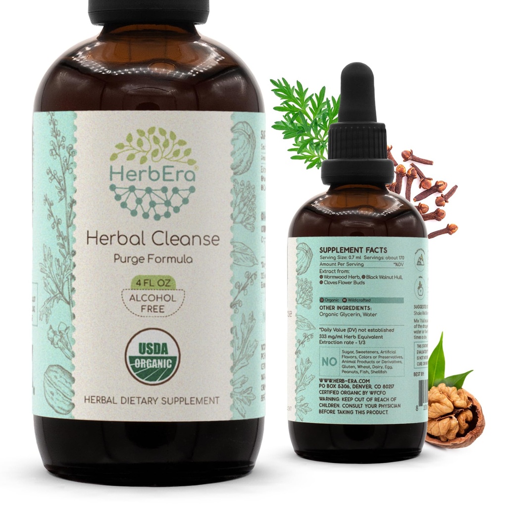 HerbEra Herbal Cleanse Organic Alcohol- Free Tincture Yester124; Detox og Cleanse Formel, Extract Supplement 124; Organic Wormwood Herb, Black Walnut Hull, Cloves Flower Bud Mester124; Rensning Extract (4 fl oz)