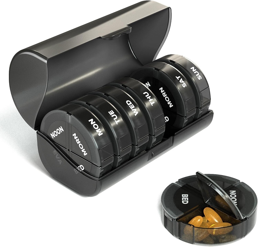 Sukuos Weekly Pill Organizer 4 Times a Day, Extra Large 7 Day Pills Box, Colorful Vitamins Holder Cases for Fish Oil, Vitamin, Medication, Supplements | Large Container | Double Protection