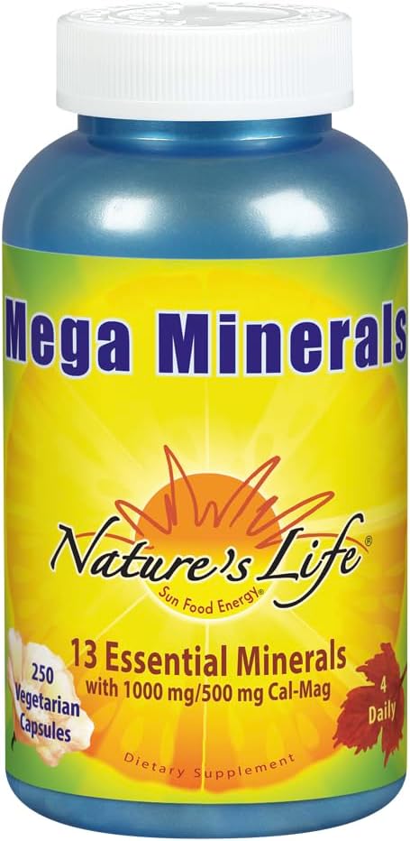 Nature 's Life Mega Minerals Complex 124; Komplet Multi Mineral + D-vitamin supplement; 124; 250 vegetariske kapsler