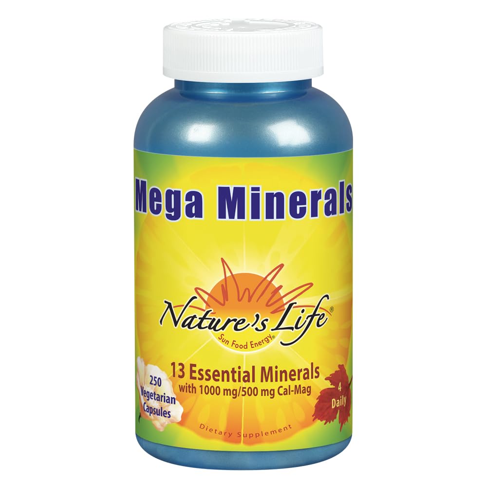 Nature 's Life Mega Minerals Complex 124; Komplet Multi Mineral + D-vitamin supplement; 124; 250 vegetariske kapsler