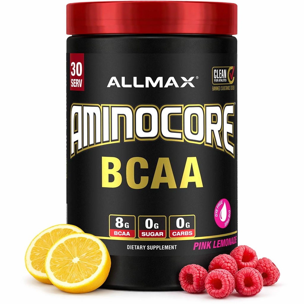 ALLMAX Nutrition AMINOCORE BCAA - 8G BCAA - 100% Pure Branch Kædede Aminosyrer - Gluten Free - Pink Lemonade - 315 Gram