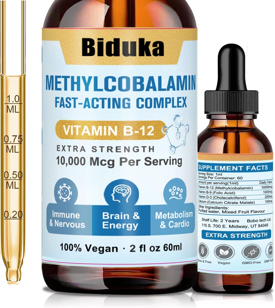 10,000mcg Vitamin B12 Sublingual Liquid Drops, Unique Formel med D3, B9 (Folinsyre), Calcium, Support Energy, Heart, Mood, Brain, Immunsystem, Vegetarisk, Non- GMO & Gluten Free