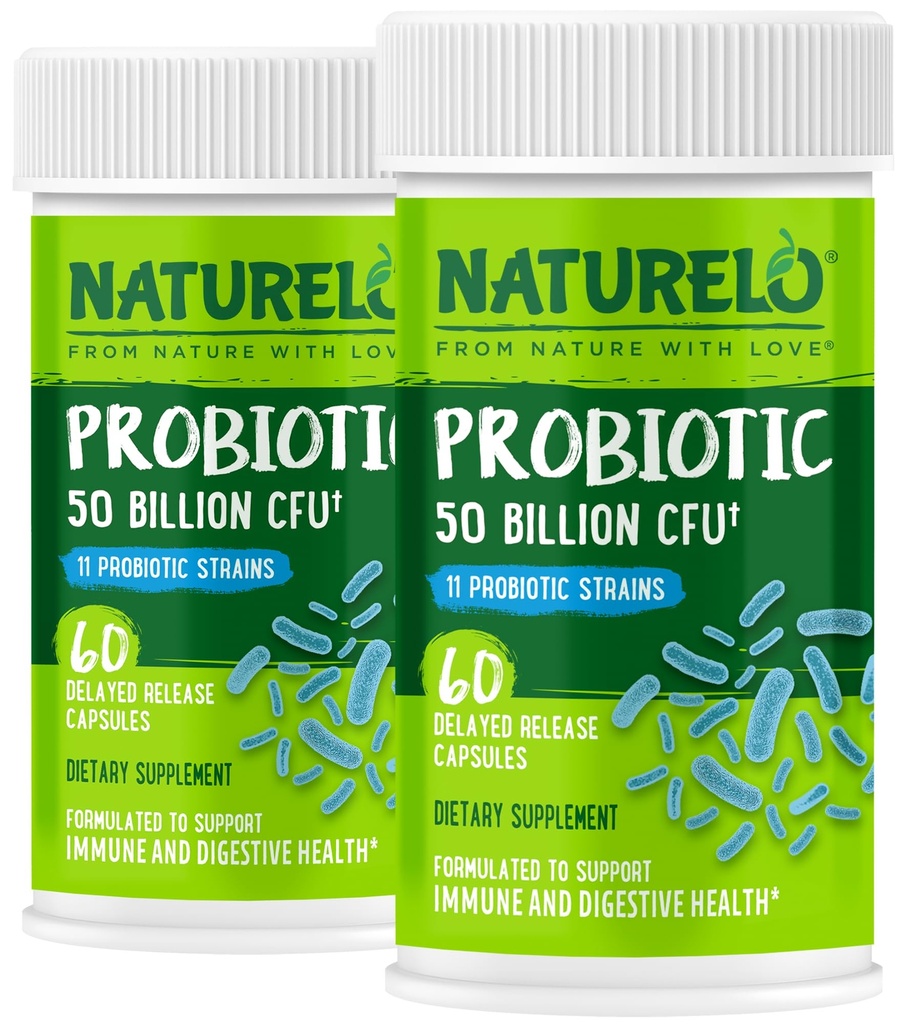 NATURELO Probiotika til fordøjelsessygdomme - 50 milliarder CFU, 11 Stammer, Dagligt Brug Supplement - Øger immunsystemet, Forsinket udgivelse, Ingen-Køleskab, 60 Vegetariske Kapsler (pakke med 2)