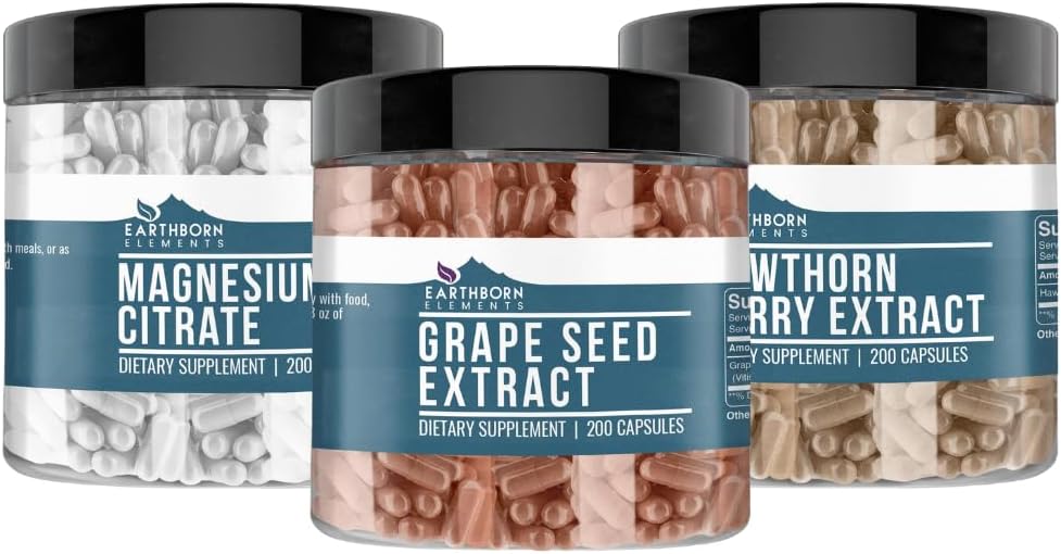 Earthborn Elements Hawthorn Berry, Grape Seed, & Magnesium Citrate Bundle (200 hætter), Pure & Ufortyndet, Ingen tilsætningsstoffer