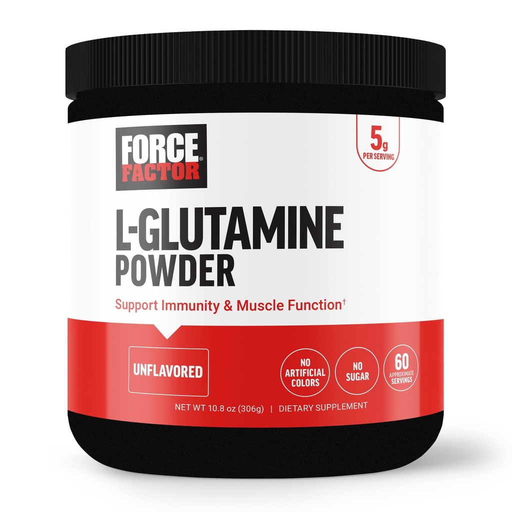 FORCE FACTOR L- Glutamin Powder for Post Workout Recovery, Muscle Recovery, Sund Muscle Funktion, og Immunitet, 5000mg / 5g Glutamin Supplement, Vegan, Non- GMO, 60 Servering