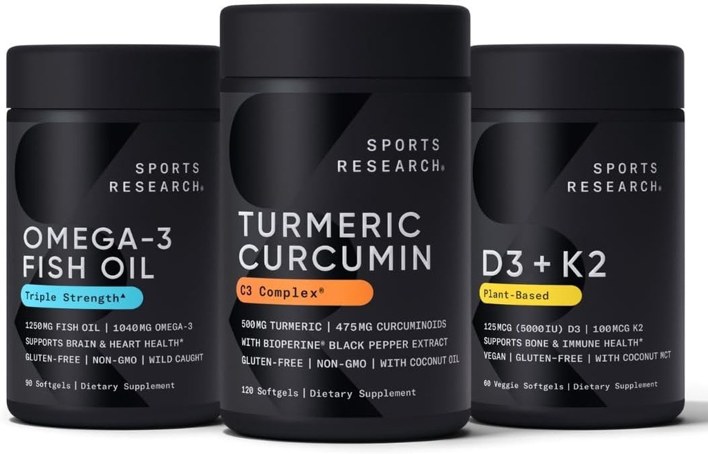 Sports Research Wild Alaska Pollock Omega 3 Fish Oil 90 Softgels (1250 mg), Gurkemeje C3 Complex (120 Softgels) og Vegan 5000 IE D + 100mcg Mk7 Vitamin K (60 Softgels)