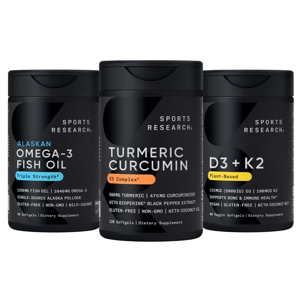 Sports Research Wild Alaska Pollock Omega 3 Fish Oil 90 Softgels (1250 mg), Gurkemeje C3 Complex (120 Softgels) og Vegan 5000 IE D + 100mcg Mk7 Vitamin K (60 Softgels)