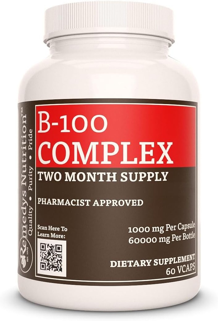 Remedys ernæring Vitamin B- 100 Complex 1. 000 mg, 60 Vegan kapsler Kosttilskud 1. 4; To måneder Tilgang