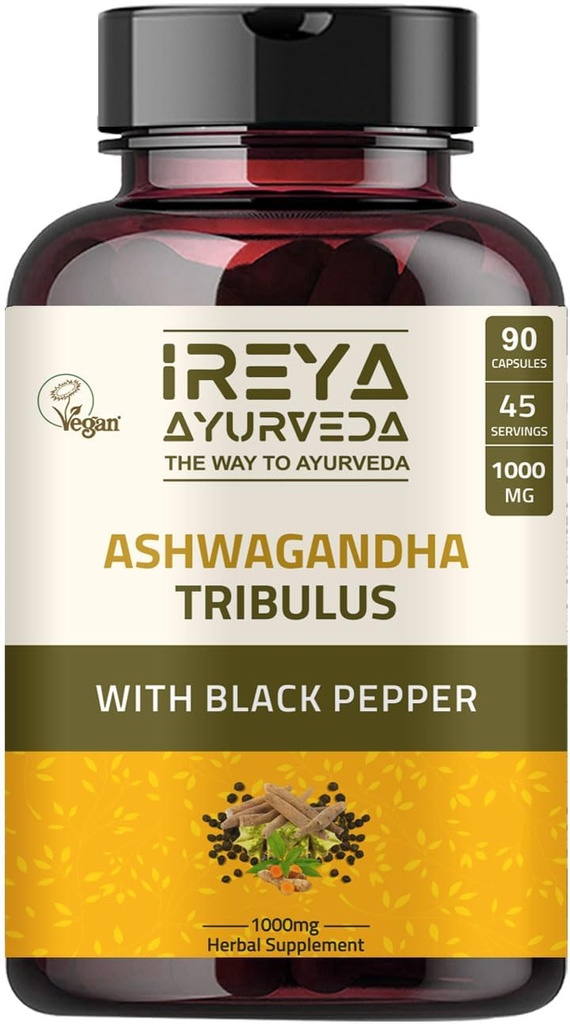 Ashwagandha Capsules Organic 1000mg (90 Kapsler) Lavet med Tribulus Terrestris, Shatavari og Black Pepper Organic Ingredients