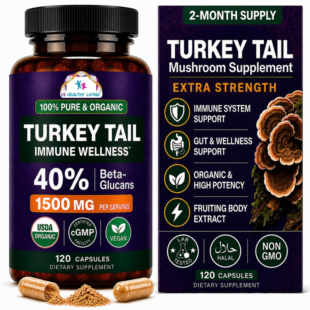 CANCER VIDENSKAB Tyrkiet Tail Wellness Mushrooms Supplement, USDA Certified Organic Extract, Extra Strength 1.500 mg, High Potency 40% Beta- glucans, Gut & immun Support, Natural fordøjelse, 120 Kapsler