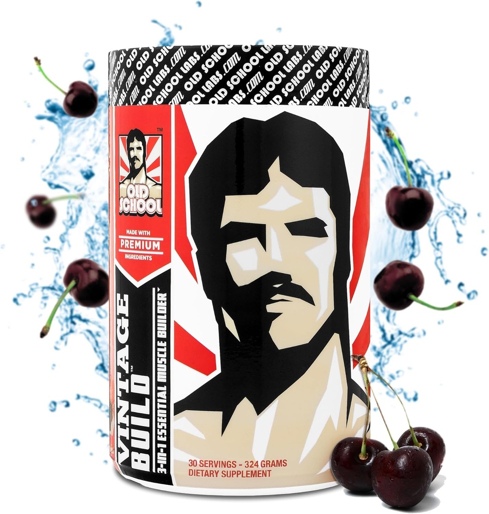 Vintage Build - Post Workout Recovery & Muscle Building Powder Drikke til Muscular Strength & Growth - Reducerer ømhed - Creatinine Monohydrat, BCAA, L- Glutamin - Black Cherry Flavor - 324g