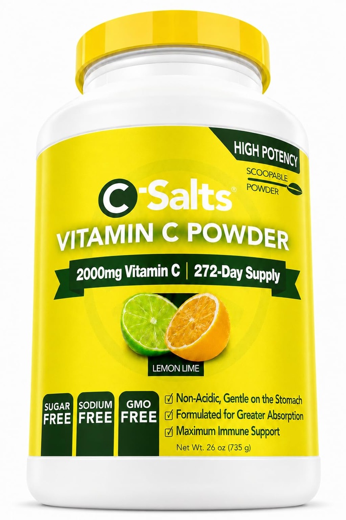 C- Salte C-vitamin pulver supplement - 100% Pure høj dosis buffered C-vitamin pulver til immunforsvar - Økologisk, sukkerfri, Vegan, Non- GMO, Stomach- Friendly, Lemon Lime 26oz