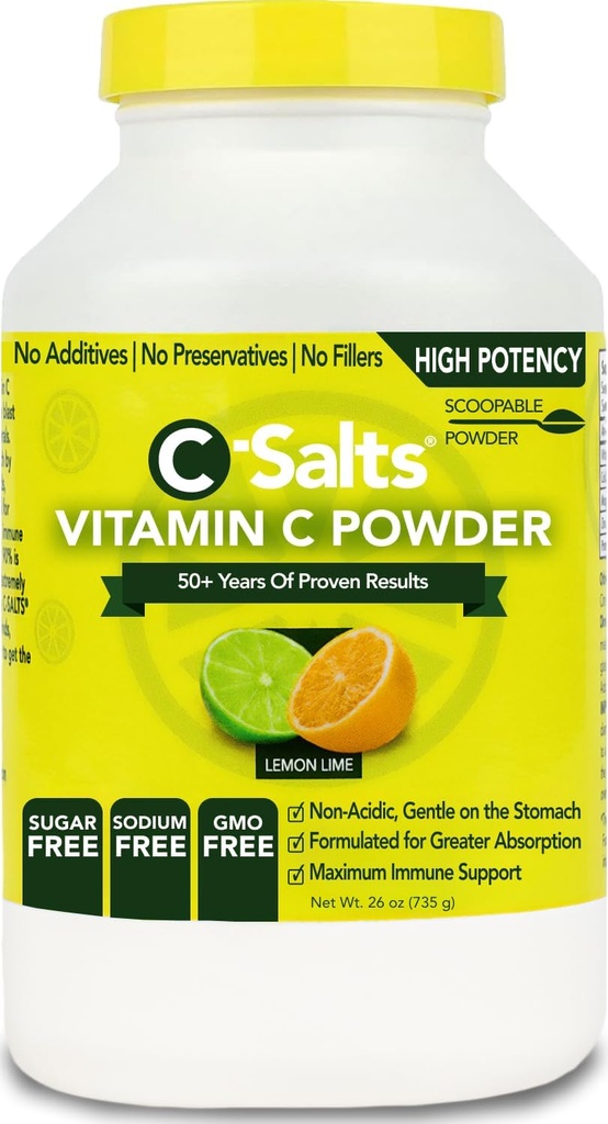 C-Salts Vitamin C Powder Supplement - 100% Pure High Dose Buffered Vitamin C Powder for Immune Support - Organic, Sugar-Free, Vegan, Non-GMO, Stomach-Friendly, Lemon Lime 26oz