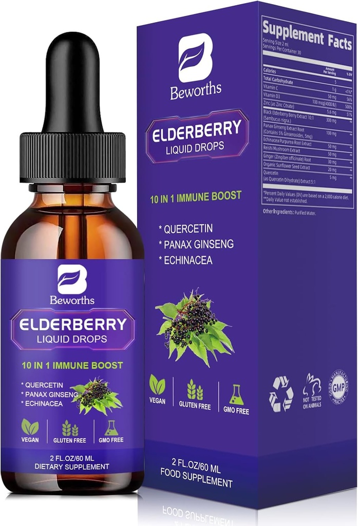 Hyldebær Syrup; Quercetin Black Elderberry Liquid Drop med Quercetin, Panax Ginseng for immunsupport124; Sambucus Elderberry med C-vitamin og zink, D3 MR 124; Vegan MR 124; Non- GMO MR 124; Original