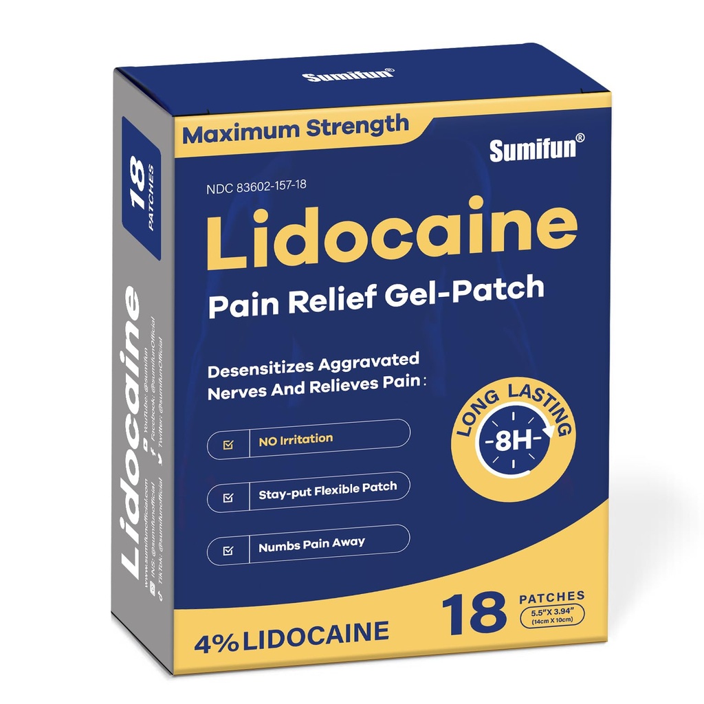 Sumifun 4% Lidocain Pain Relief Patches - OTC maksimal styrke - Fleksibel og langvarig, 18-grev Lidocain Patches for back, Neck, Muscle, Joint Pain - Uduftende Smerte Patch