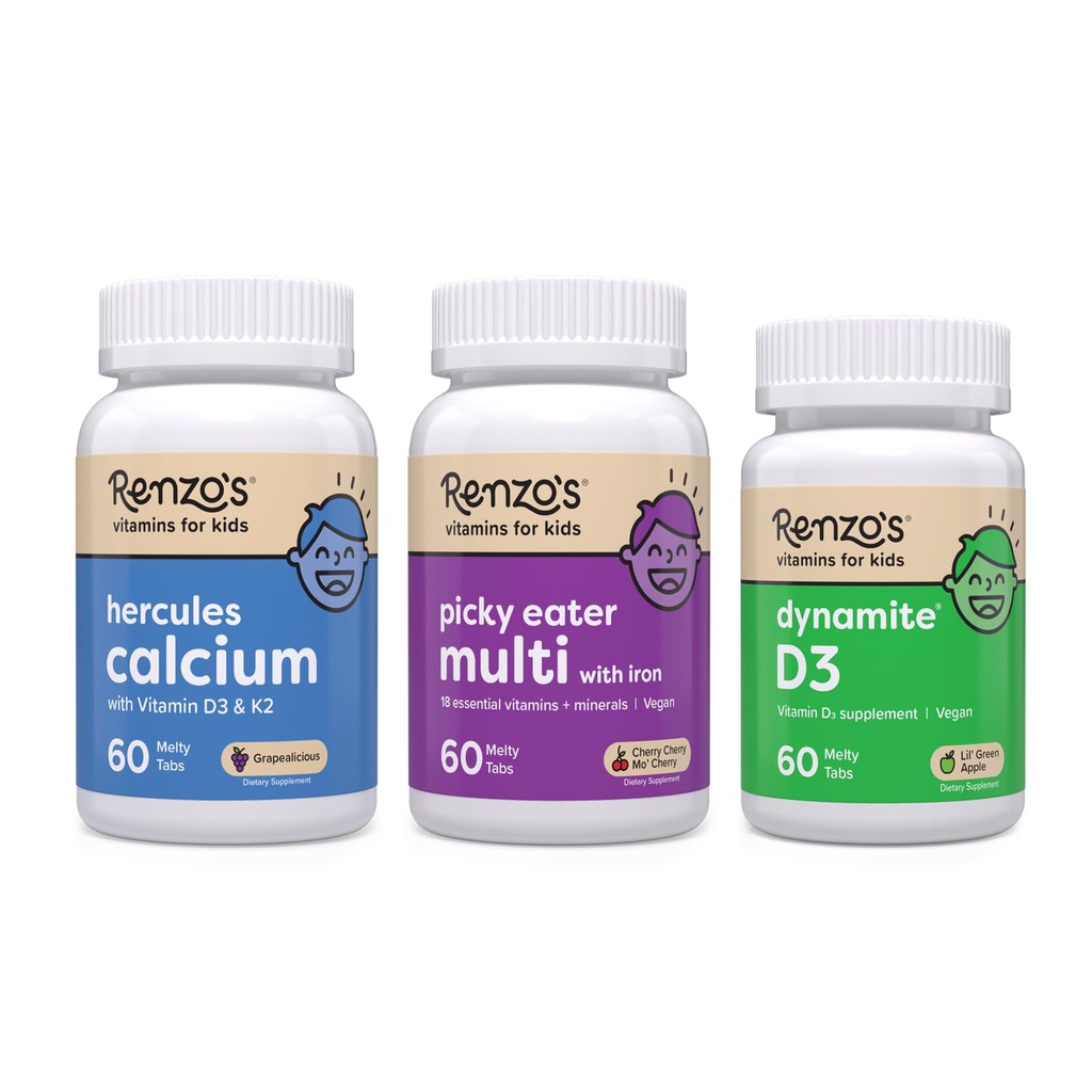 Renzos vitaminer stærkere nu Bundle - Picky Eater Kids Multivitamin, Hercules Calcium, og Vitamin D3 til børn