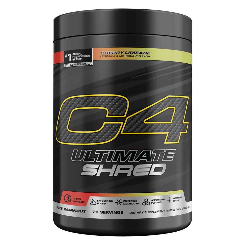 Cellucor C4 Ultimate Shred Pre Workout Powder, Metabolisme Supplement med Cayenne Extract + 300mg Koffein + TeaCrine + Dynamin - Cherry Limeade, 20 Servere