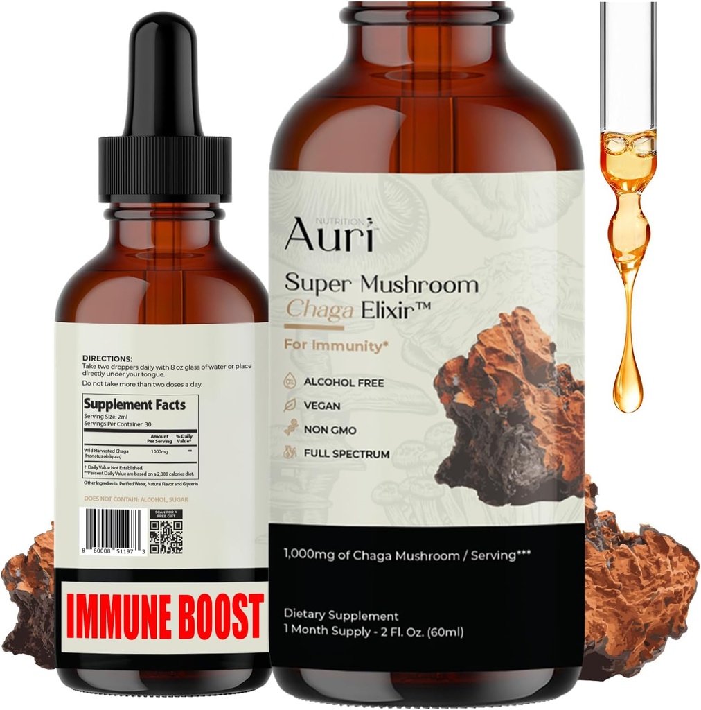 Auri Super Chaga Elixir - Mushroom Superfood Liquid Supplement med fuld Spectrum Immun Support fra Oxidative Stress og Energy Lift - Chaga Tincture 60ml