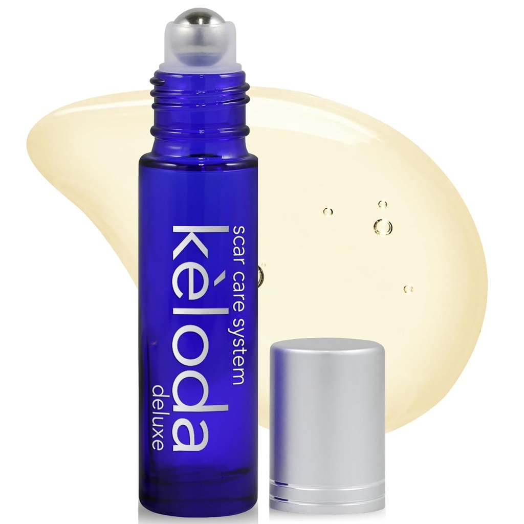 KELODA Deluxe Scar & Keloid Removal Oil & Massager, 0,33 oz Note 124; Til behandling af Kirurgiske Scars og Piercing Keleloids, Acne, Burns MSD 124; Med kokos, Shea, gurkemeje, Lavendel, Helichrysum Oliils og E-vitamin