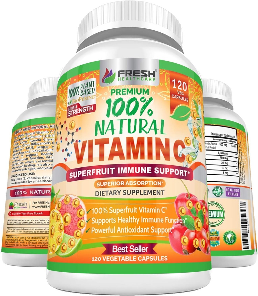 Frisk Healthcare 100% Natural Vitamin C - 500 mg fra Rose HIPS, Acerola Cherry & Camu Camu - Høj Absorption immunforsvar, hud, Joint & Collagen Booster med Citrus Biflavonoider - 120 kapsler