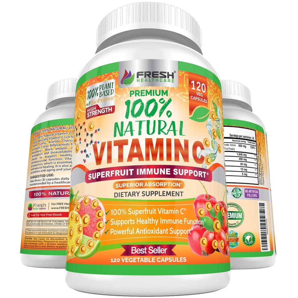 Frisk Healthcare 100% Natural Vitamin C - 500 mg fra Rose HIPS, Acerola Cherry & Camu Camu - Høj Absorption immunforsvar, hud, Joint & Collagen Booster med Citrus Biflavonoider - 120 kapsler