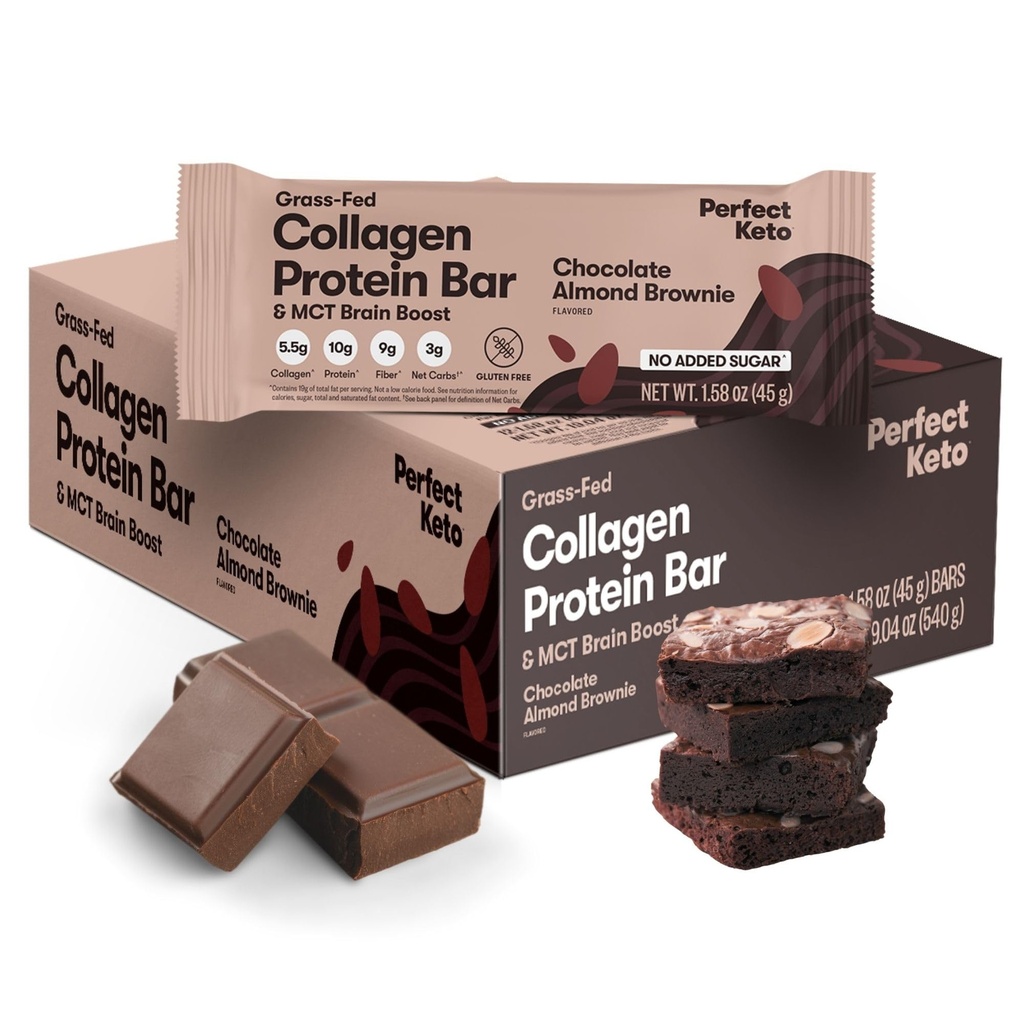 Perfect Keto Bars - Den reneste Keto Snacks med Collagen og MCT. Ingen tilsat sukker, Keto Diet Friendly - 3g Net Carbs, 19g Fedt, 10g protein - Diet Food Dessert (Almond Butter Brownie, 12 Barer)