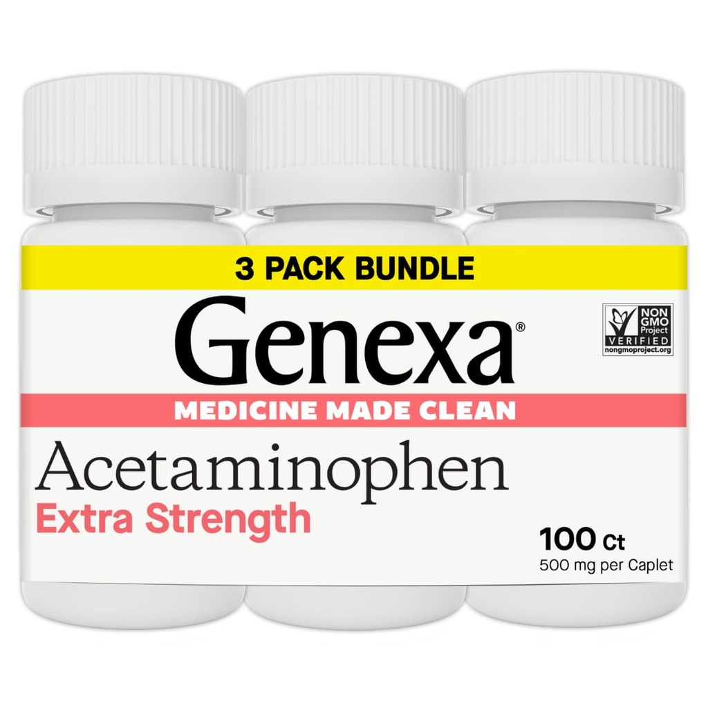 Genexa Clean Acetaminophen 500mg Extra Strength, Dye Free Pain Reliever Fever Reducer, 0% kunstige tilsætningsstoffer, smertestillende medicin til voksne, Relieves Hovedpine, Backache, Mindre arthritis Smerte, 300 tabletter