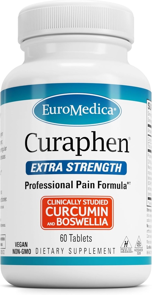 EuroMedica Curaphen Extra Strength - Curcumin & Boswellia Supplement for sund cirkulation Support - Gurkemeje supplement til støtte Joints, Muscle Health & Enphin Production - 60 tabletter
