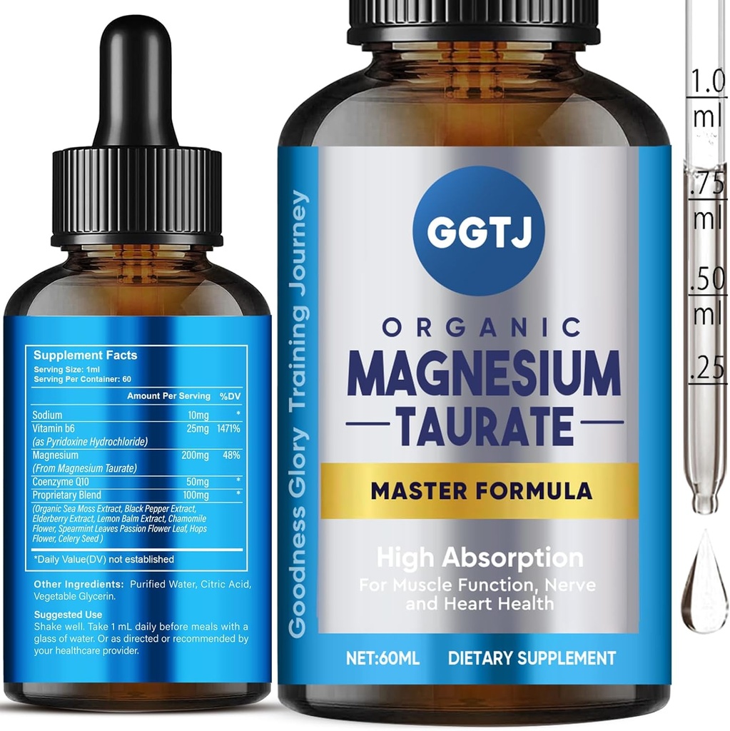 Magnesium Taurat, Magnesium Taurat Liquid Drop, High Absorption Magnesium supplement til kardiovaskulær sundhed, muskel og nerve funktion, 2 oz