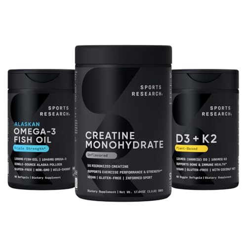 Sports Research Triple Strength Omega 3 Fish Oil - Burpless Fish Oil Supplement w / EPA & DHA Fedtsyrer, Creatin Monohydrat & Plant Based Vitamin D3 K2 med kokosolie