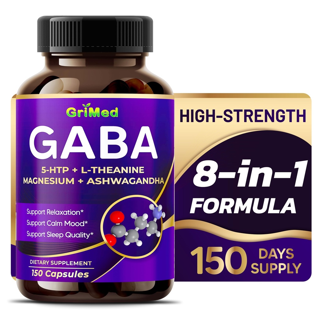 GriMed GABA 16,280mg - X15 Power med 5- htp, L- Theanine, Magnesium, Ashwagandha - Slap af & gendannelse, Support Sleep Well - Made in USA (150 Count (Pack of 1))